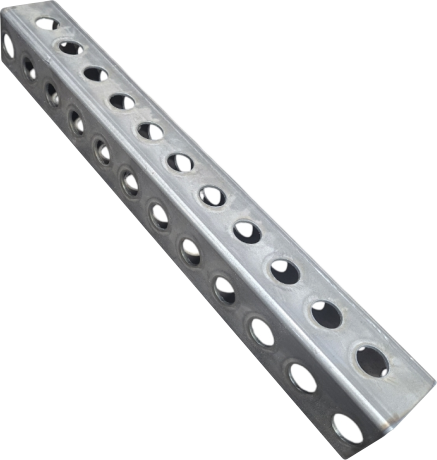 "Custom 3x3 11-gauge steel crossmember with precision-drilled holes for squat rack expansion, featuring 1-inch and 2-inch hole spacing for versatile accessory mounting."